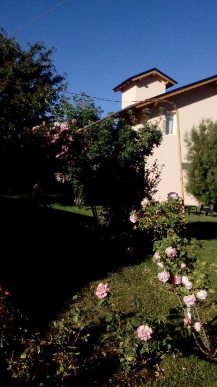 a house with pink roses in the yard at Montalto in Dina Huapi