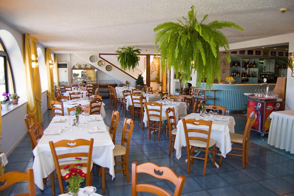 a restaurant with tables and chairs in a room at Hotel La Primavera in Massa Lubrense