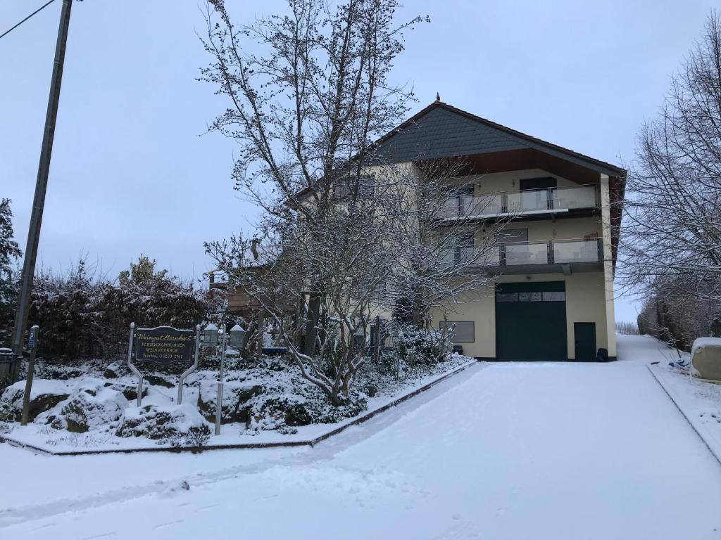 a building with a lot of snow in front of it at Ferienappartements Bernhart in Stadecken-Elsheim