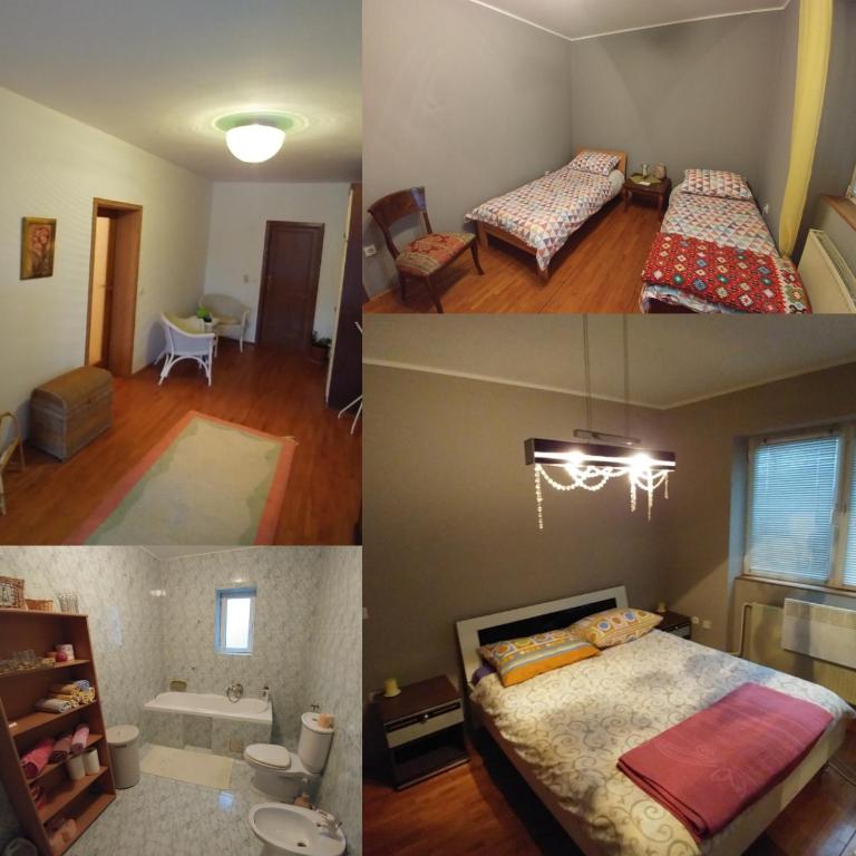 three pictures of a room with two beds and a bathroom at Apartmani Jela in Sombor