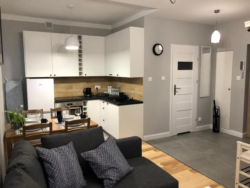 Il comprend un salon avec un canapé et une cuisine. dans l'établissement CR Cichy Apartament w Centrum, à Białystok