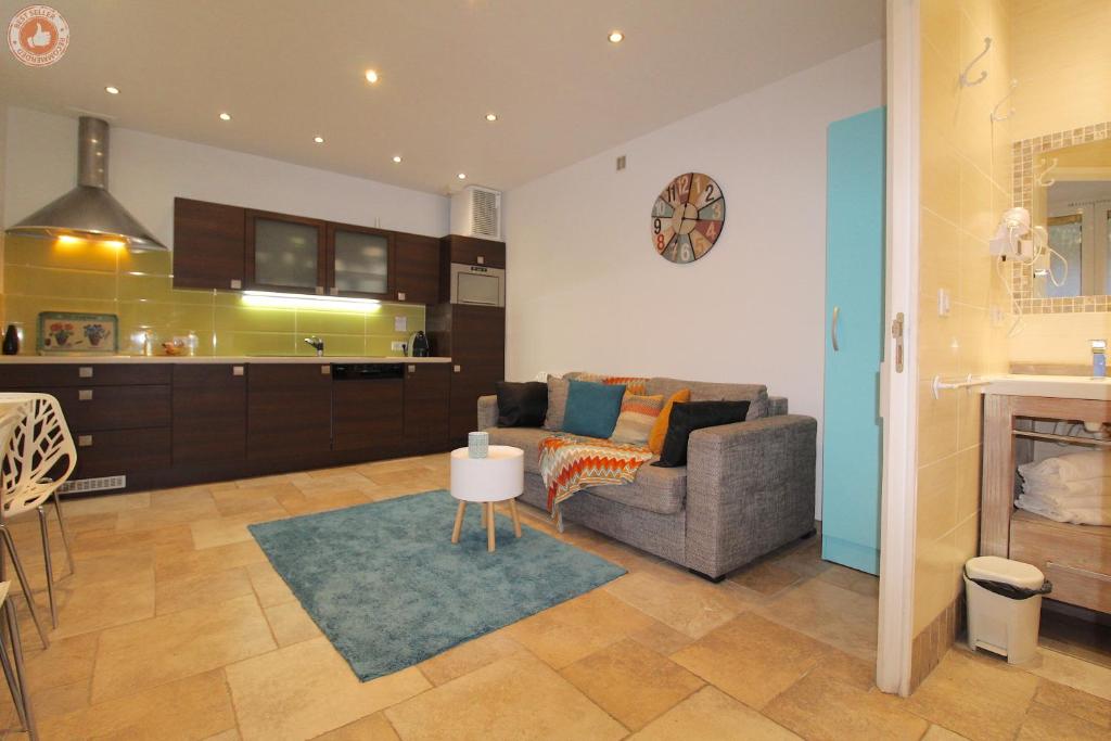 un salon avec un canapé et une cuisine dans l'établissement ALC - PSA12 - 9 min Palais And Beaches, à Cannes