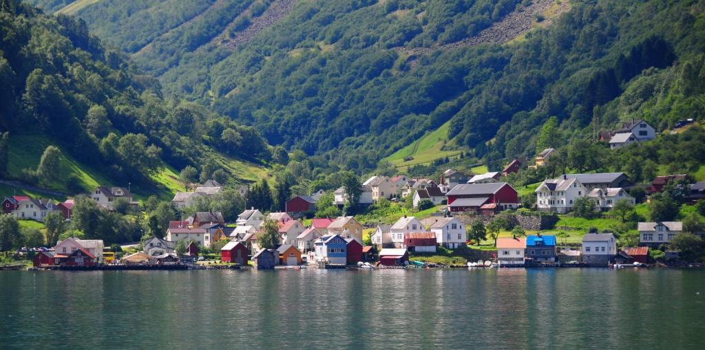 a small town on the shore of a body of water at Visit Undredal in Undredal