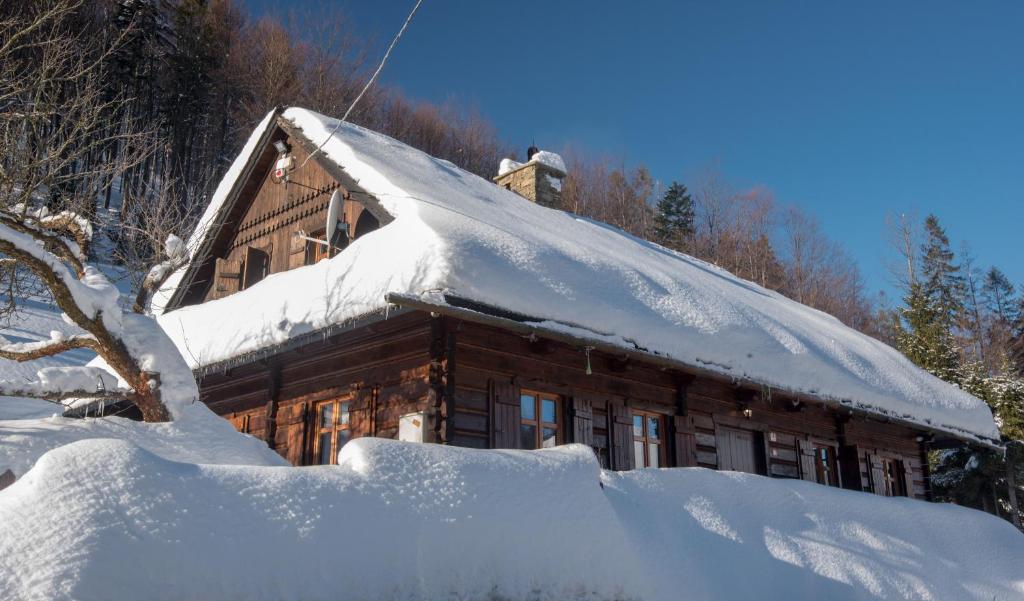 una baita di tronchi con neve sul tetto di Malinowa 6 - Domek w Szczyrku z sauną i balią - płatne dodatkowo a Szczyrk