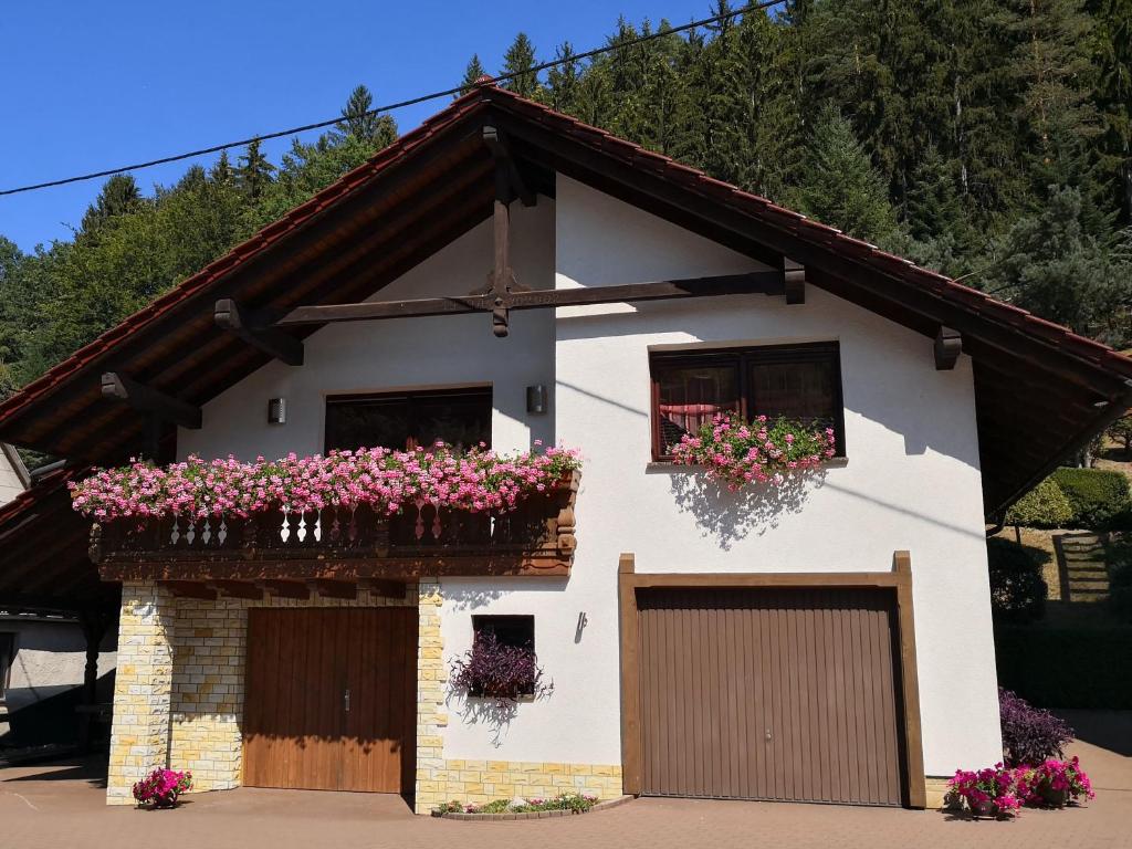 une maison blanche avec des boîtes de fleurs sur les fenêtres dans l'établissement Ferienhaus Lupus, à Schmalkalden