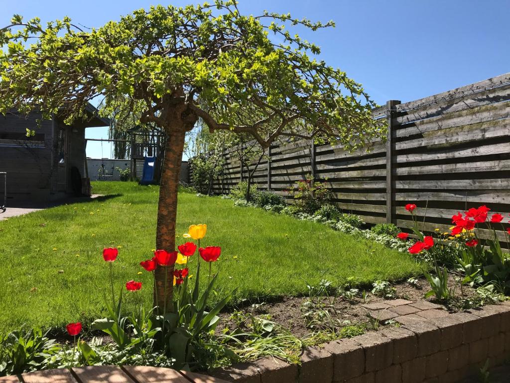 a garden with red and yellow flowers and a tree at Skanderborg BnB Østergade in Skanderborg