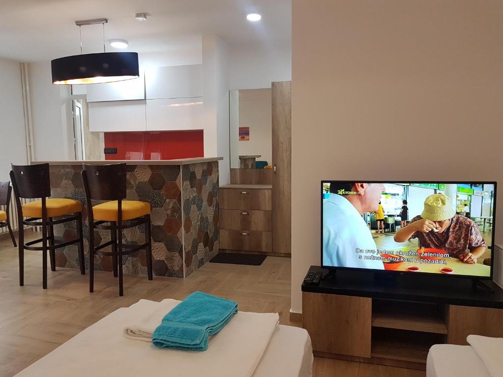 ein Wohnzimmer mit einem Flachbild-TV an der Wand in der Unterkunft Apartman Simić 2 in Valjevo