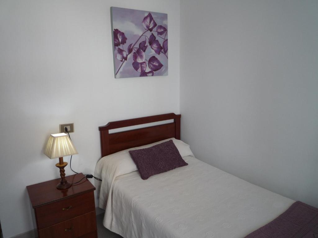 1 dormitorio con 1 cama y mesita de noche con lámpara en Hostal Residencia Ponte Vella, en Lugo