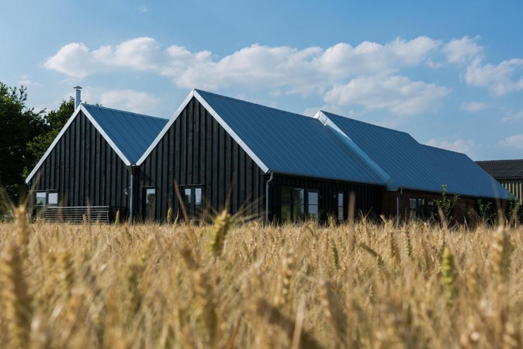 a black barn with blue roofs in a field at The Fieldbarns at Bullocks Farm in Bishops Stortford