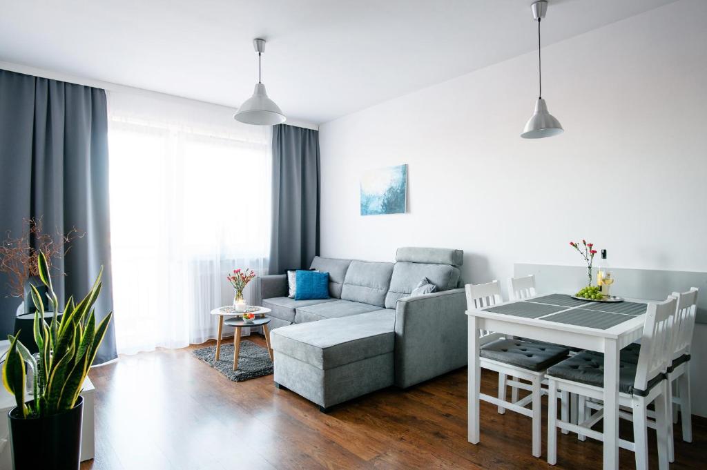 a living room with a couch and a table at Apartament Europejski in Gorzów Wielkopolski