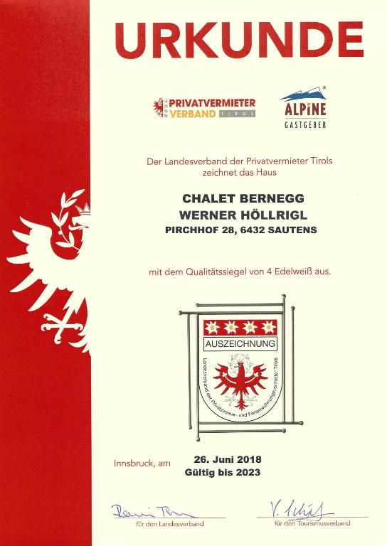 Certifikát, hodnocení, plakát nebo jiný dokument vystavený v ubytování Chalet Bernegg
