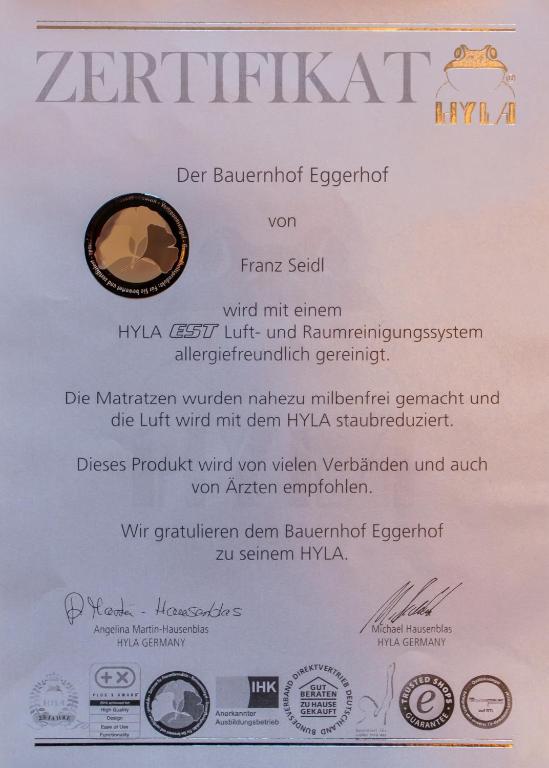 Certifikát, ocenenie alebo iný dokument vystavený v ubytovaní Appartment Eggerhof