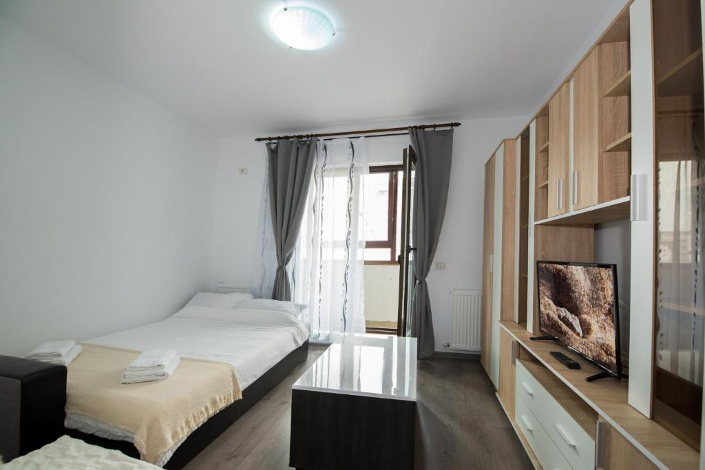 a bedroom with two beds and a tv and a window at Rezident militari in Chiajna