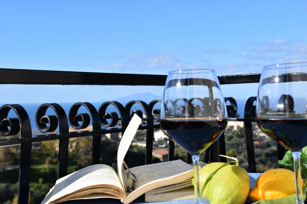 two glasses of wine and an open book on a table at casa dei limoni in Massa Lubrense