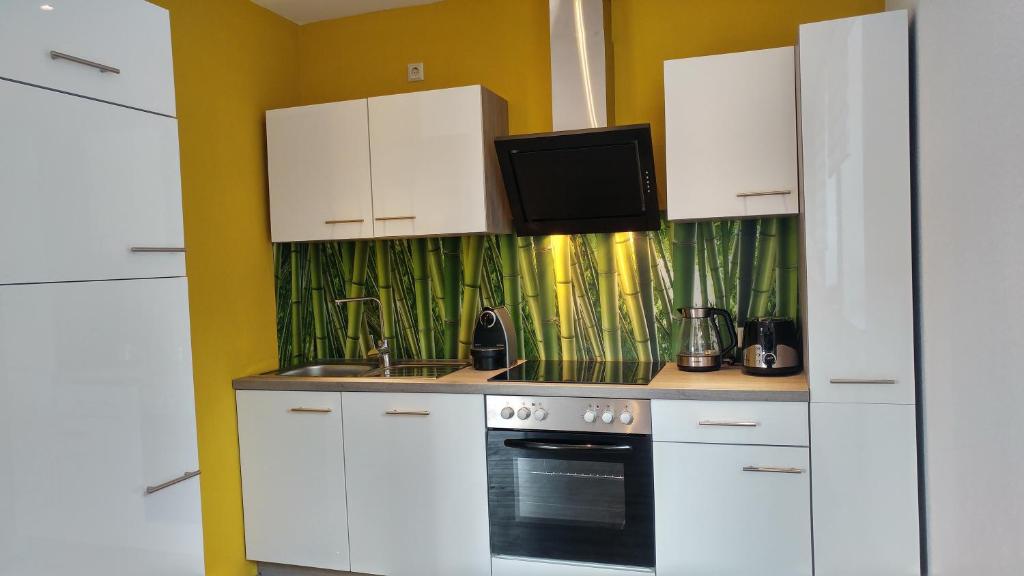 a kitchen with white cabinets and a sink and a microwave at Ferienwohnungen am Kurpark in Bad Wildungen