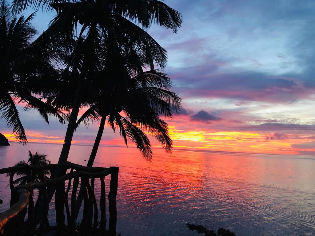 einen Sonnenuntergang über dem Meer mit zwei Palmen in der Unterkunft Tongatok Cliff Resort in Mambajao