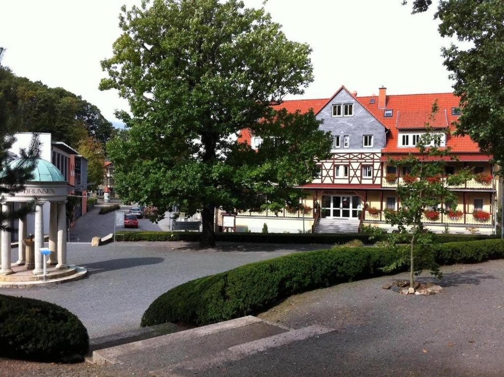 een gebouw met een boom in het midden van een straat bij Kurhotel Bad Suderode in Bad Suderode