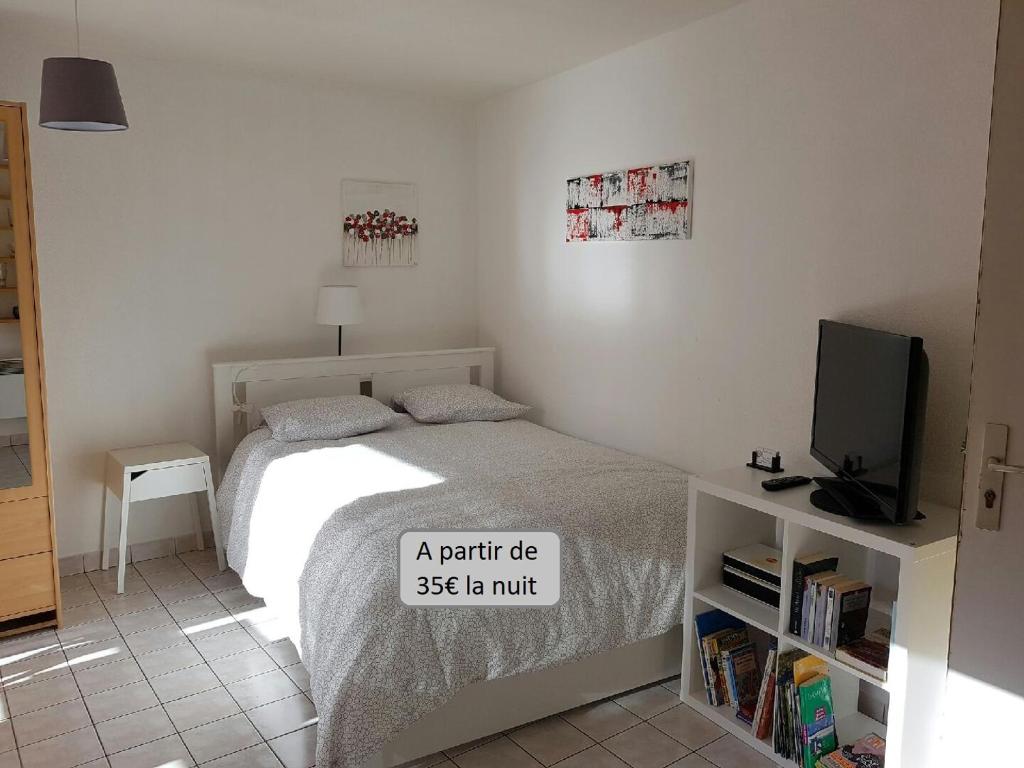 - une petite chambre avec un lit et une télévision dans l'établissement Appart Hôtel L'Angélique, à Niort
