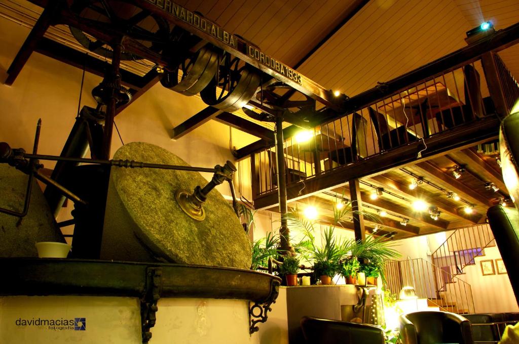 Almazara de San Pedro في Eljas: غرفة بها صخرة كبيرة ونباتات وأضواء