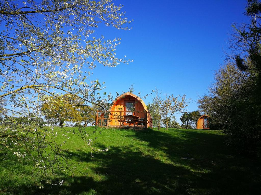un pequeño edificio en una colina con césped y árboles en Cosy Camping Suffolk en Ipswich