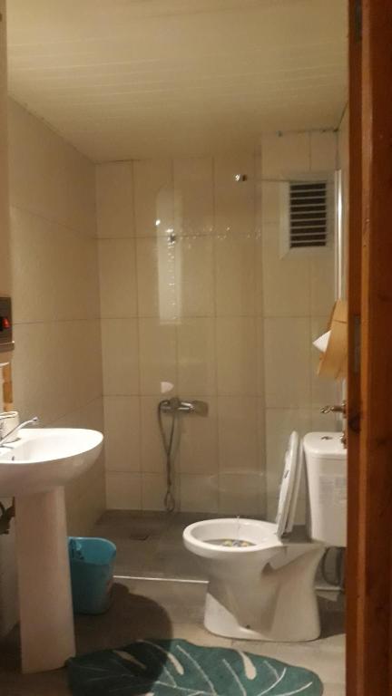 y baño con aseo y lavamanos. en Kuyu Beergarden Hostel, en Antalya
