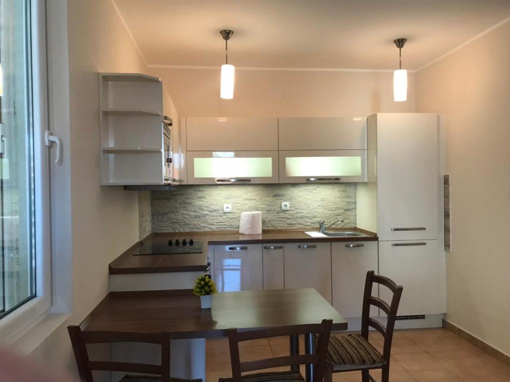 cocina con mesa, sillas y nevera en Apartman Perovic, en Kotor