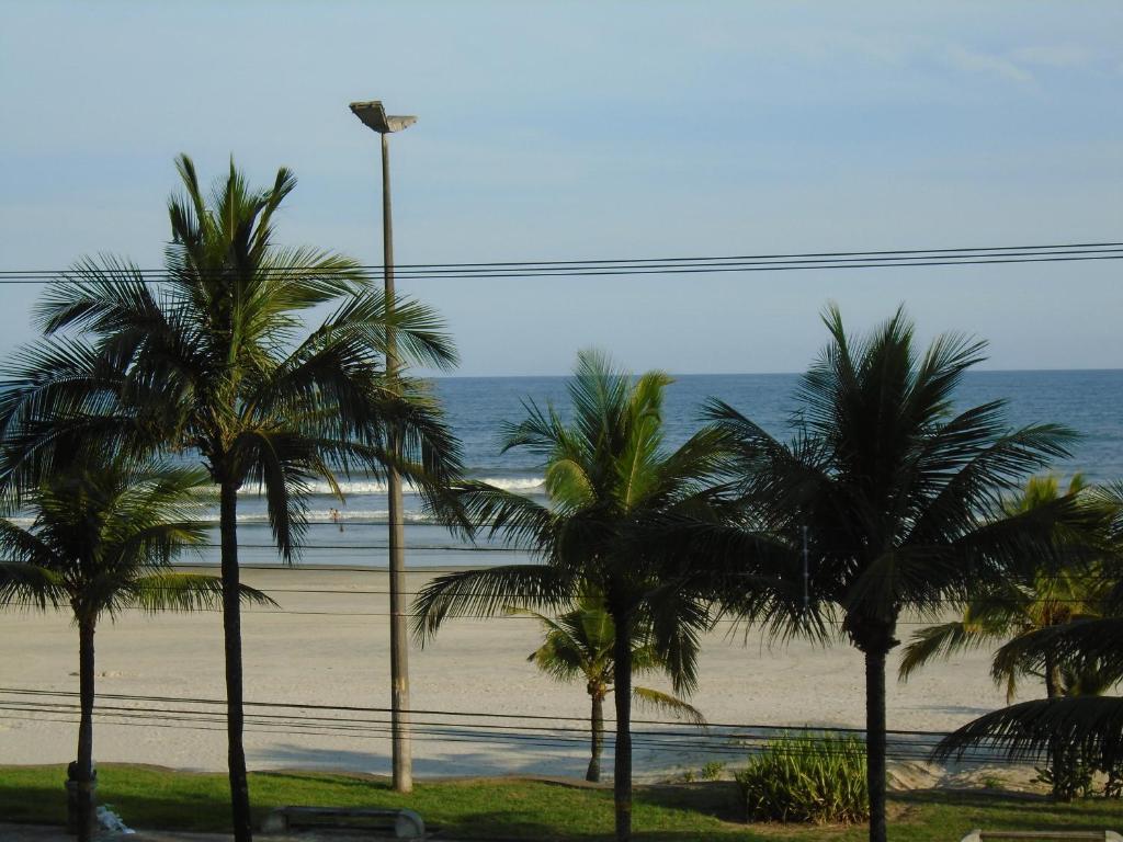 Blick auf einen Strand mit Palmen und einer Straßenbeleuchtung in der Unterkunft Apartamento em Praia Grande - Frente ao Mar in Praia Grande