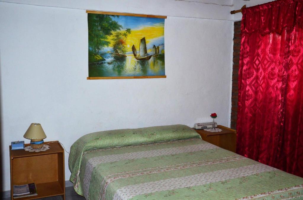 1 dormitorio con 1 cama y una pintura en la pared en El Pasaje en Malargüe