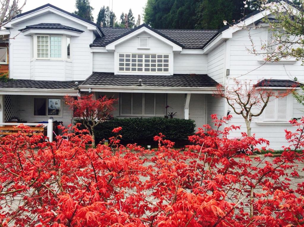 a white house with red bushes in front of it at He Feng Homestay in Hualing