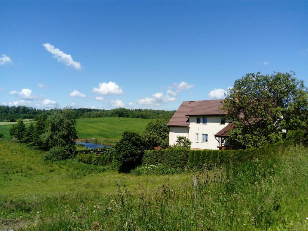 una casa en medio de un campo de hierba en Agroturystyka Radzewicz, en Wiżajny