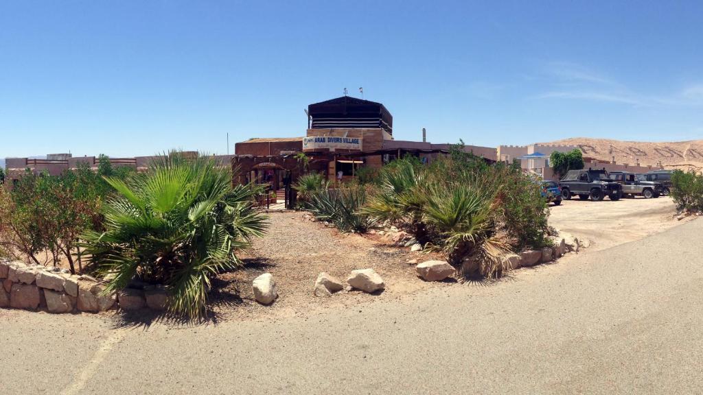 a building with palm trees on the side of a road at Arab Divers Dive Center and Bed & Breakfast in Aqaba