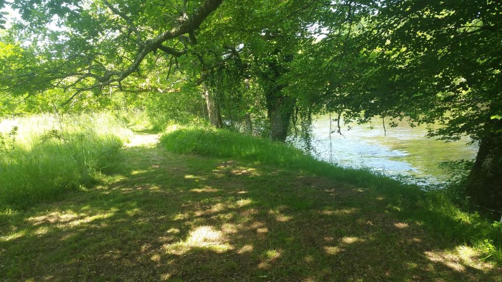 Saint-Priest-sous-AixeにあるL'Élassierの木々と芝生の川の横の小道