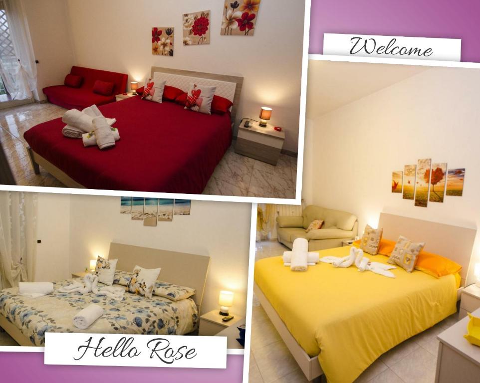 un collage de 3 fotos de un dormitorio con 2 camas en Hello Rose - Appartamento intero, en Roma