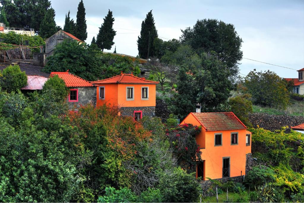 a group of houses on a hill with trees at Madeira-Meerblick-Haus in Estreito da Calheta