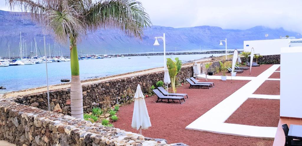 un patio con sedie e una palma accanto all'acqua di La Graciosa Magnolia Evita Beach, Frente Mar a Caleta de Sebo