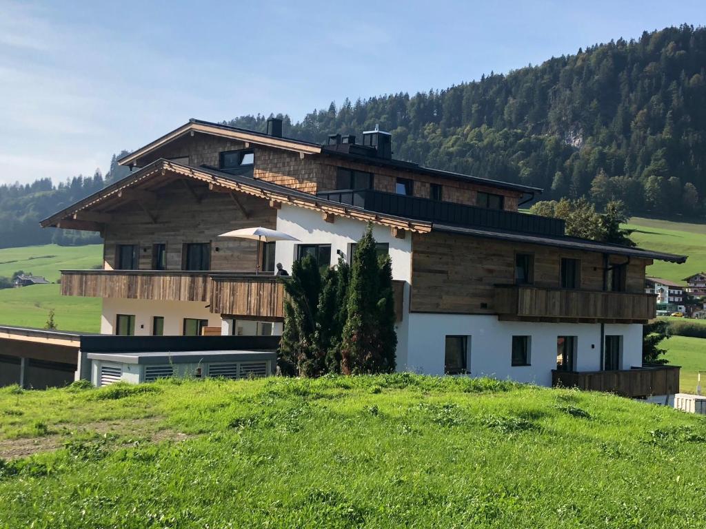 a house on top of a grassy hill at Luxus Wohnung Living 9 in Walchsee