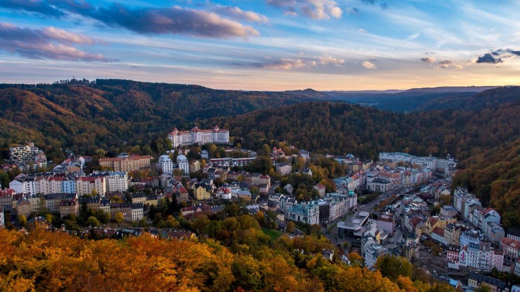 an aerial view of a city with trees and buildings at Spa Hotel Imperial in Karlovy Vary