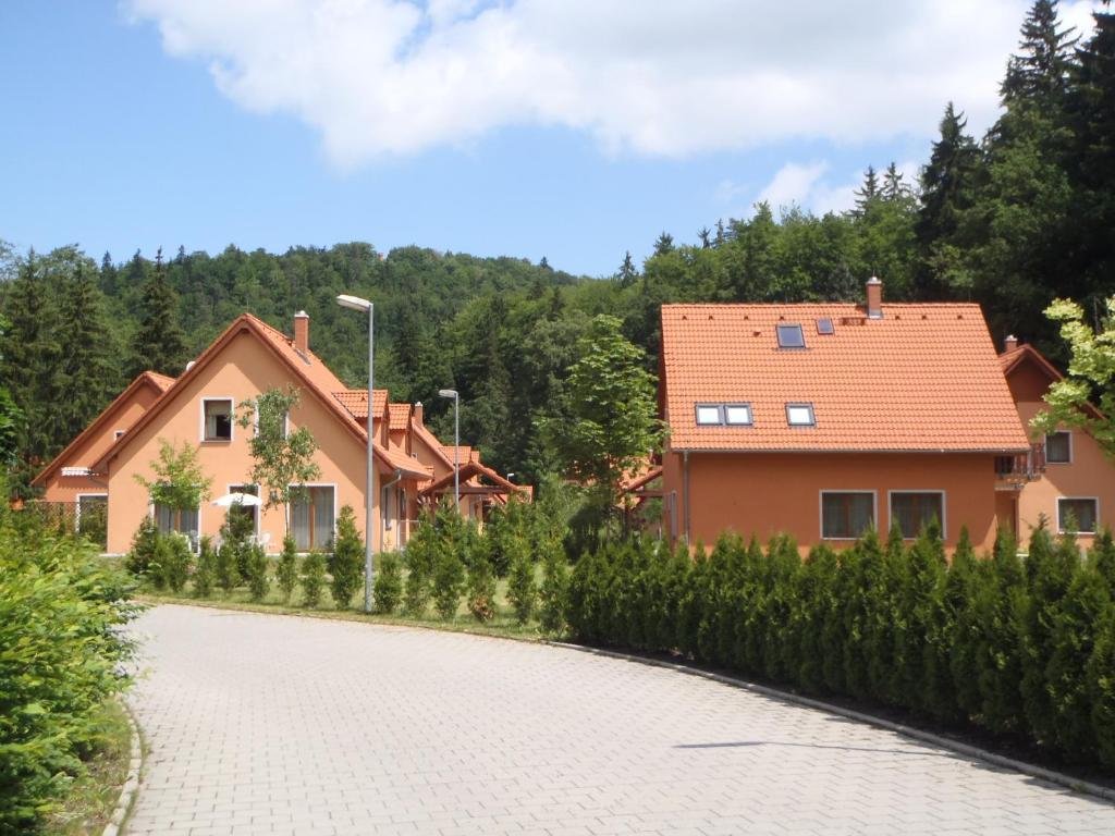 una calle adoquinada frente a una casa en Rezort Bazant, en Karlovy Vary