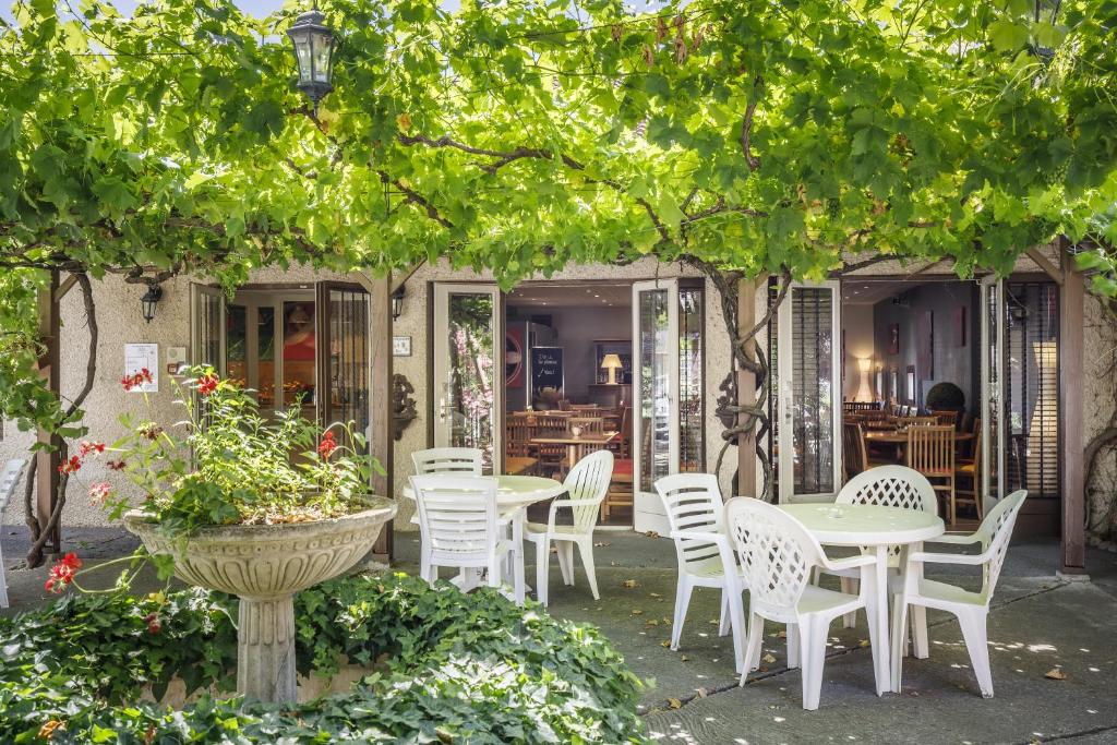 un patio con tavoli e sedie sotto un albero di Hotel Cristol ad Avignone