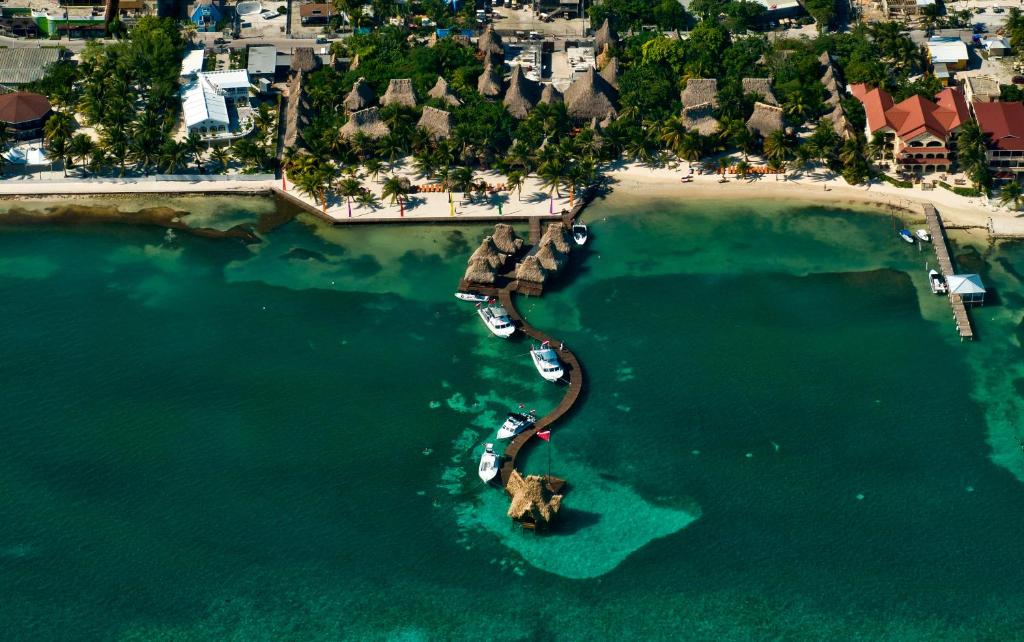 an aerial view of a beach with boats in the water at Ramon's Village Resort in San Pedro