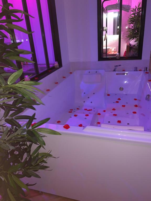 een badkamer met een bad met een plant bij Fontainespa21 in Fontaine-lès-Dijon