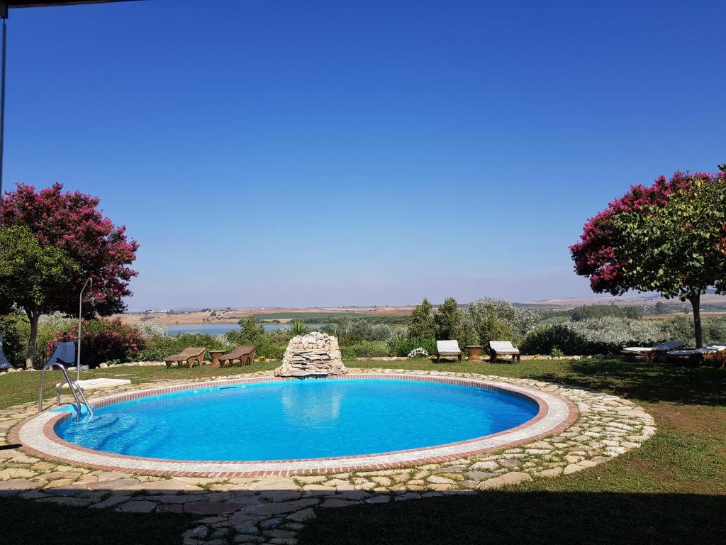 a swimming pool in a yard with chairs and trees at Hacienda el Santiscal in Arcos de la Frontera