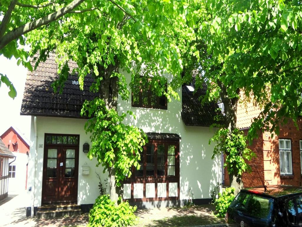 ein weißes Haus mit einem Baum davor in der Unterkunft Altes Kapitänshaus in Arnis