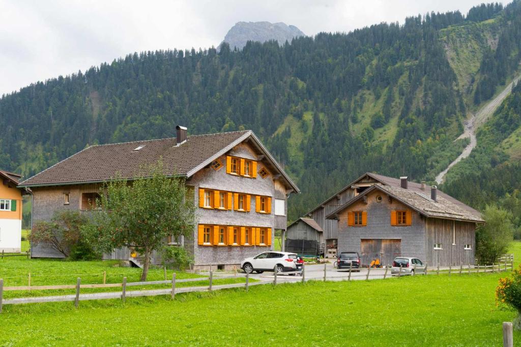 a house in a field next to a mountain at Ferienbauernhof Nigsch in Schoppernau