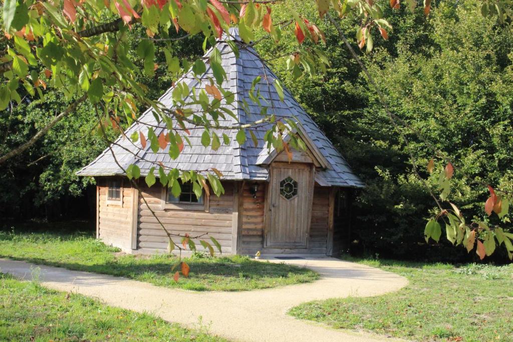 a small wooden cabin with a tin roof at Domaine De La Boulaie in Treize-Vents