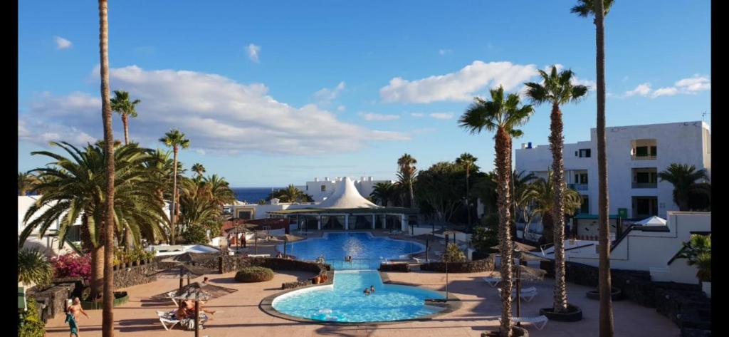 a view of a pool with palm trees and a building at casa sea front costa teguise in Costa Teguise