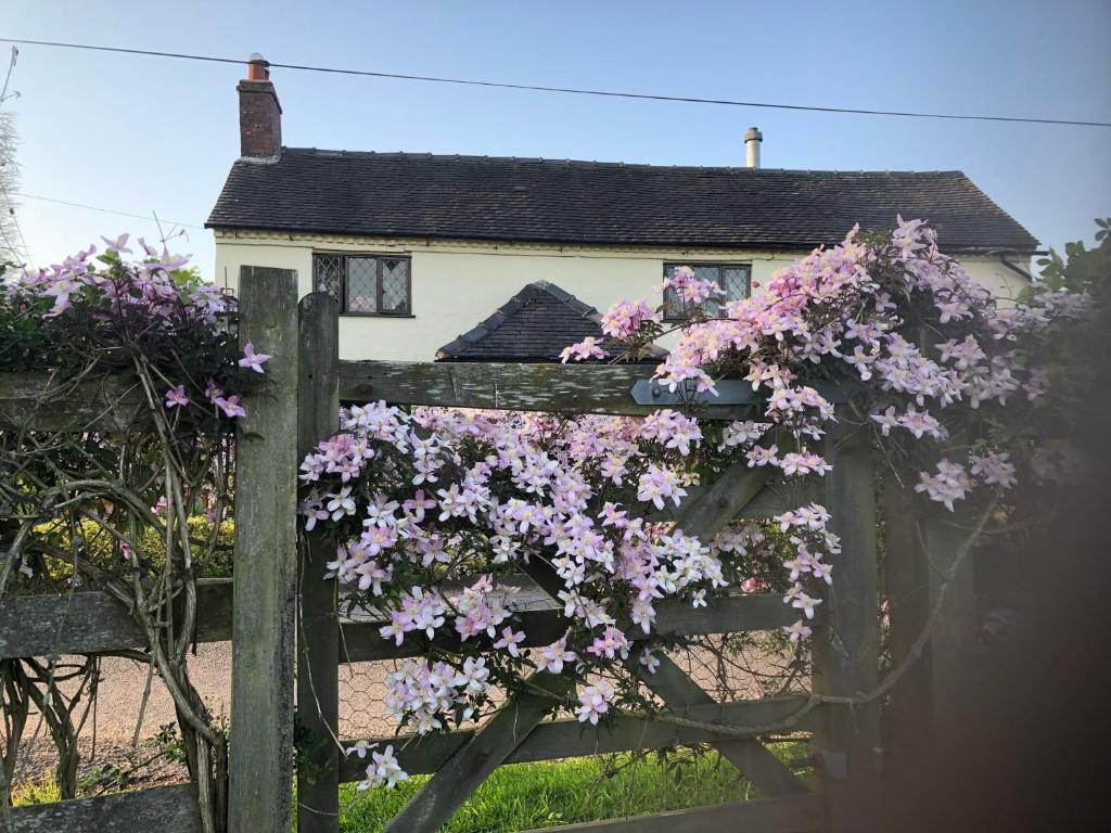 a fence with pink flowers on it in front of a house at Shirley Lane in Ashbourne