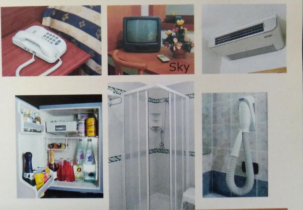 uma colagem de fotos de um quarto com um frigorífico em ALBERGO METAURO em Fano