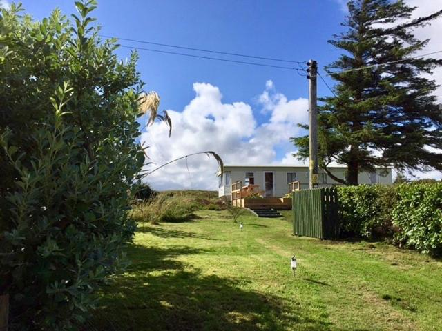 a bird flying over a yard with a house at Croft No 6 in Orbost