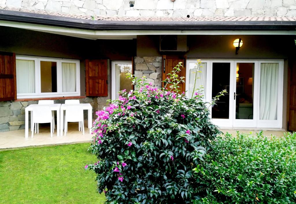 a house with a bush with flowers in front of it at Sa Tirìa in Chia